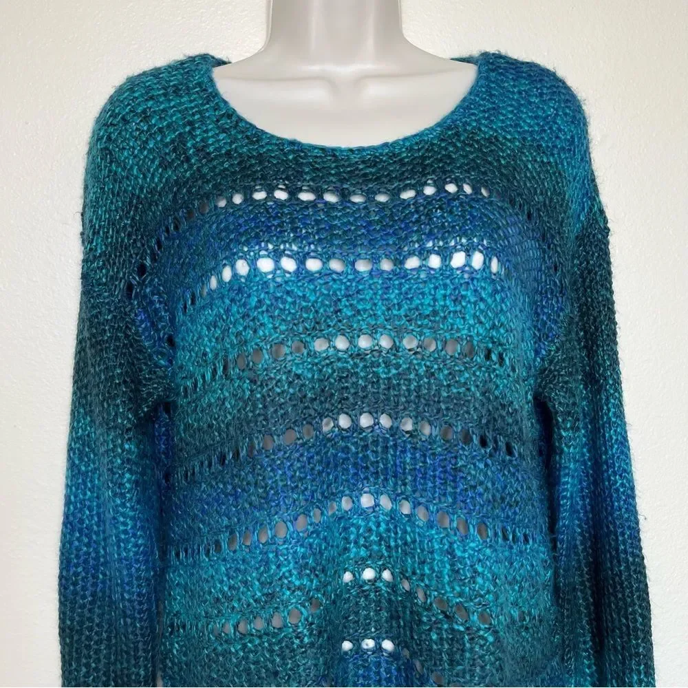 Chicos Open Weave Ombre Stripe Green Blue Scoop Neck Sweater Women Size Medium - Picture 3 of 12